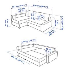 a drawing of a couch and ottoman with measurements for the seat height, from top to bottom