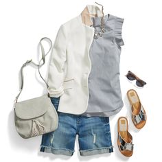 Sights on bright white. Dress up denim cutoffs with feminine details, soft hues and hits of metallic. Preppy Stitch, Stitch Fix Inspiration, Clothing Subscription, Sunday Style, Denim Cutoffs, Spring Trends, Mens Fashion Summer