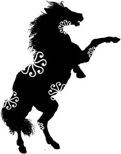 a black and white silhouette of a horse with long manes on it's back legs