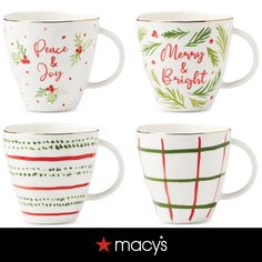 four christmas mugs with merry and bright designs