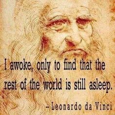 a drawing of an old man with long hair and beard, in front of a quote from leonardo davini