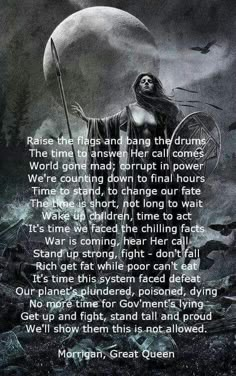 a woman holding a spear in front of a full moon with words written on it