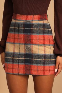 Lulus Exclusive! If you've got a penchant for prints, you'll love the Mad for Plaid Beige Plaid Mini Skirt! From a high banded waist, soft woven flannel fabric in rust orange, navy blue, and beige plaid descends into a mini, A-line silhouette. Exposed brass side zipper/clasp. Fit: This garment fits true to size. Length: Above mid-thigh. Size small measures 15" from waist to hem. Waist: Fitted - very fitted at natural waist. Hip: Fitted - consider sizing up for fuller hips. Fabric: Fabric has no Fitted Multicolor Skirt For Fall, Multicolor Fall Skirt, Fall Multicolor Skirt, Plaid Mini Skirt For Fall, Trendy Plaid Skirt For Fall, Trendy Plaid Fall Skirt, Fall Plaid Lined Mini Skirt, Fall Plaid Mini Skirt, Fall Plaid Pencil Skirt