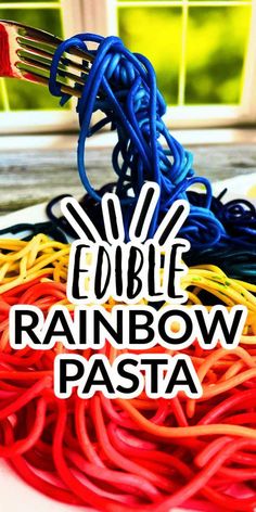 the words edible rainbow pasta are in front of a pile of colored noodles with forks sticking out of them