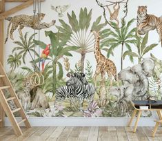 an animal themed wallpaper mural in a children's room