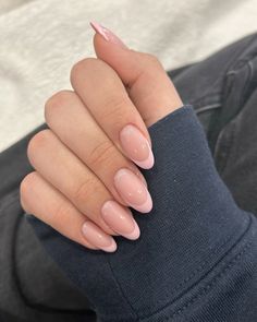 nails ; acrylic nails ; french tip ; pink french tip Two Pink French Tip Nails, Pink Gel Nails French Tip, Clean Oval Nails, French Tip Gel X Nails Almond, Light Pink Tip Nails Almond, Cute French Tips Almond, Elegant Aesthetic Nails, Simple French Tip Almond Nails, Pink French Almond Nails Design