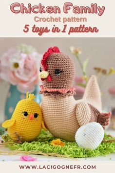 two crocheted chickens sitting next to each other