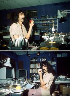 two pictures side by side with one man eating an apple and the other woman sitting at her desk