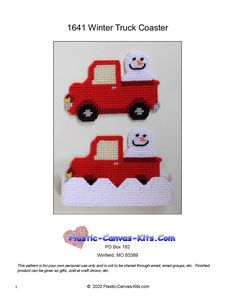 two red trucks with snowmen on them are in the shape of a truck and one is