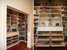 two pictures of the inside of a pantry with baskets and food items in each drawer