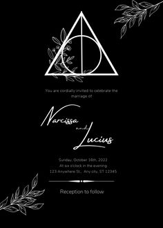 a black and white wedding card with the deathly symbol