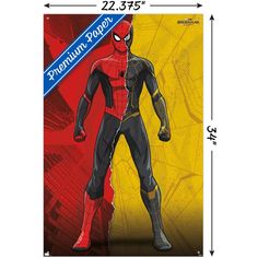 the spiderman poster is shown in red and black, with yellow details on it