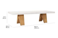 a white bench with wooden legs and measurements