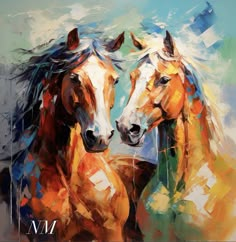 two horses standing next to each other on a painting