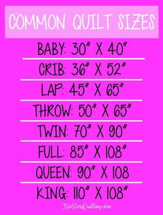 a pink poster with the words common quilt sizes in black and white letters on it