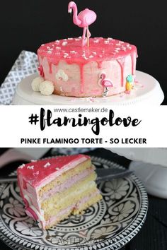 a pink flamingo torte cake on a black and white plate with the words flamingo above it