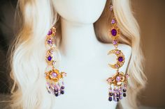 Cute filigree earrings. If you want to be elegant but also extravagant, these earrings are the right ones! :) Halo crown is not part of the earrings, it is another product that you can order here: https://etsy.me/3vmeMFJ Ornate Handmade Purple Jewelry, Whimsical Purple Earrings, Ornate Purple Dangle Jewelry, Luxury Ornate Gold Chandelier Earrings, Ornate Purple Drop Earrings, Long Earrings Gold, Flowers Romantic, Wedding Halo, Festival Headpiece