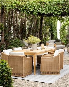 an outdoor dining area with wicker furniture and greenery on the wall behind it