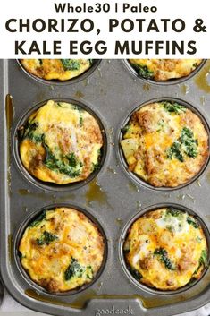 an egg muffin in a muffin tin with the words whole 30 paleo, potato and kale egg muffins