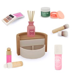 an assortment of cosmetics and makeup products on a white background