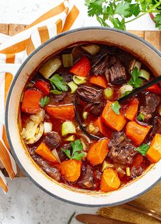 a pot full of stew with carrots, celery and meat