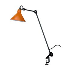 an orange and black desk lamp on a white background with clipping light bulb to the side