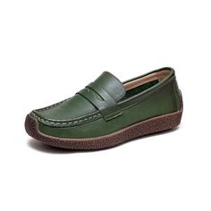 Women Retro Solid Leather Flat Casual Loafers-RAIIFY Brown Low-top Loafers With Textured Sole, Brown Textured Sole Low-top Loafers, Green Leather Slip-on Loafers, Brown Synthetic Slip-on Loafers, Brown Loafers With Rubber Sole, Medium Width, Casual Loafers, Casual Flats, Shoe Size Conversion, Pig Skin