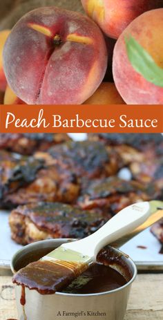 peach barbecue sauce in a bowl next to grilled peaches