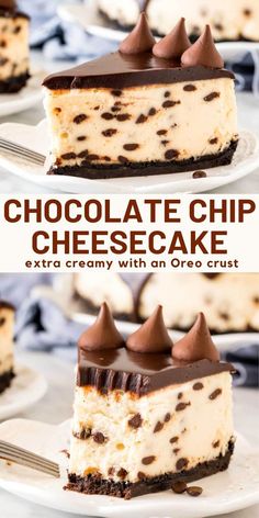 chocolate chip cheesecake with an oreo crust on top and in the middle, is shown