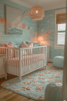 50 Cute Baby Girl Nursery Ideas That Spell Pure Delight Beachy Girl Nursery, Ocean Themed Baby Room, Nautical Girl Nursery, Ocean Themed Nursery Girl, Beach Themed Nursery Girl, Baby Girl Ocean Theme Nursery, Beach Nursery Girl, Nursery Mermaid Theme, Baby Room Ideas Girl