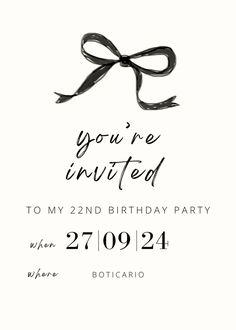 a black and white birthday party card with a bow on the front that says, you're invited to my 2nd birthday party