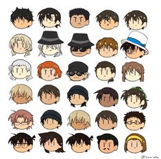 the many faces of anime characters with different hair colors and styles, all wearing hats