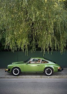 a green car parked next to a tree