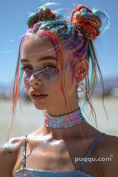 Festival Hairstyles: Unleash Your Inner Boho Chic at Coachella - Puqqu Rainbow Festival Hair, Burning Man Hairstyles Women, Festival Braids Short Hair, Raver Hairstyle, Galactic Hairstyles, Burning Man Braids, Hair Festival Ideas, Rave Braids Festival Hair, Pride Hairstyles