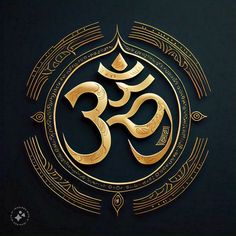 an om shan symbol in gold on a black background