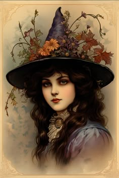 a painting of a woman wearing a witches hat