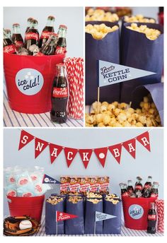 some food and drinks are on display in red buckets, popcorn bags, and flags