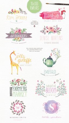 watercolor stickers with the words, flowers and giraffes