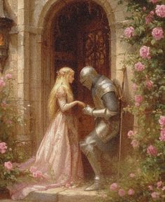 a painting of a knight and a woman in front of a door with roses on it