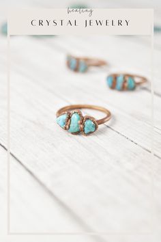 Your raw turquoise ring collection is not complete without a three stone turquoise ring. Handmade with healing crystals and natural stones, this copper and turquoise ring awakens the wild woman. The turquoise stacking ring is made with electroformed copper, making each piece unique and one of a kind, just like you. Embrace your intuitive nature and click through to see more raw turquoise stone jewelry! Copper Electroforming