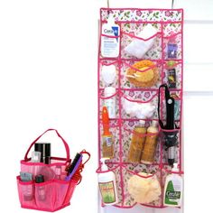 a pink organizer hanging on the side of a door