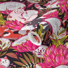 an animal themed wallpaper with pink flowers and cats on black background is featured in this image