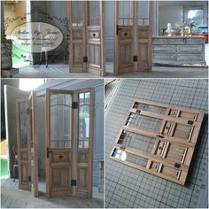 four different pictures of wooden doors in various stages of being opened to reveal the room