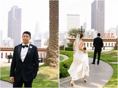 the bride and groom are walking down the path in their tuxedo attire with cityscape in the background