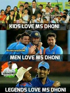 two men in blue uniforms and one is holding a bat with the words kids love ms dhoni