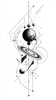 an artistic black and white drawing of planets