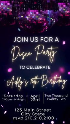 a disco party flyer with the words disco party to celebrate adi's 1st birthday