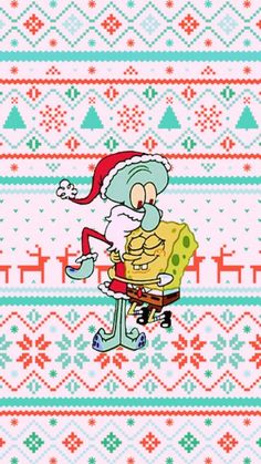 the spongebob character is sitting on top of a chair in front of a christmas sweater