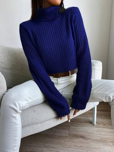 Royal Blue Casual  Long Sleeve Acrylic Plain Pullovers Embellished Slight Stretch Fall/Winter Women Knitwear Womens Royal Blue Outfit, Big Turtleneck Sweater, Deep Winter Work Outfits, Deep Blue Outfit, Royal Blue Outfit Ideas Casual, Royal Blue Sweater Outfit, Blue Turtleneck Outfit, Turtleneck Outfit Casual, Royal Blue Outfit Ideas