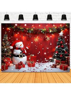 a christmas scene with presents and a snowman on the floor in front of a red wall